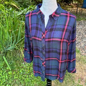 HESTER ORCHARD flannel plaid shirt 3/4 sleeves - Size L, blue, black, red, green